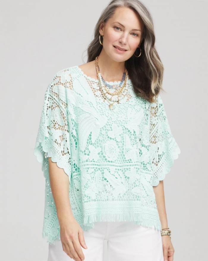 Chicos Lace Crochet Poncho - TEAL WATERS