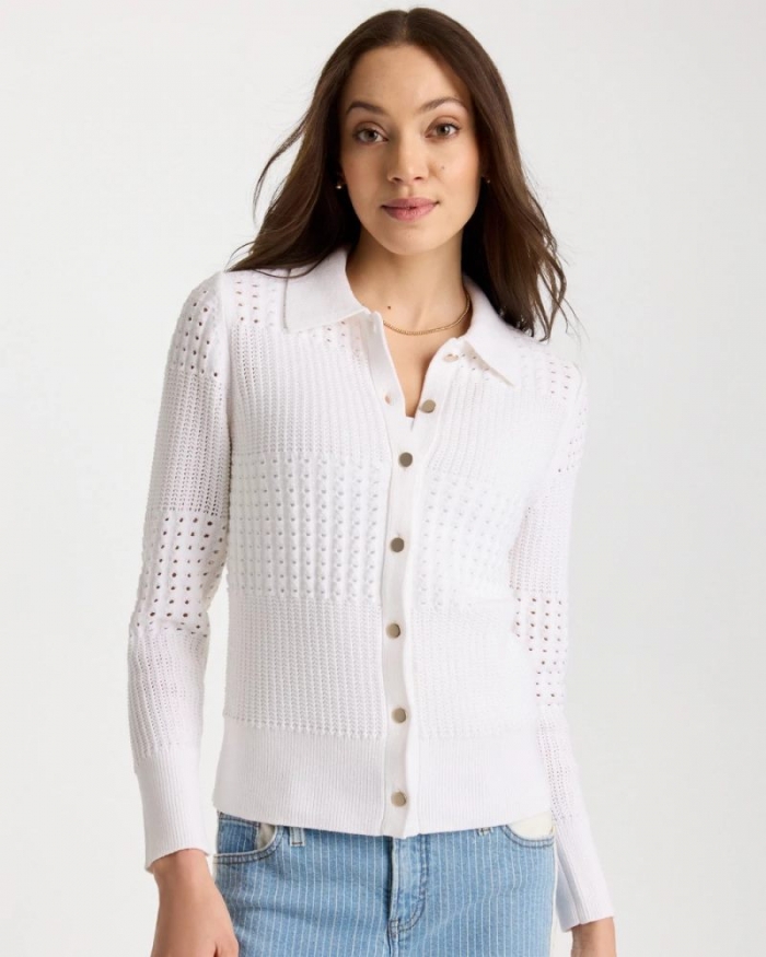 Chicos Textured Button-Front Cardigan - ALABASTER