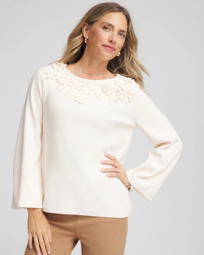 Chicos Appliqué Flared-Sleeve Sweater - ENGLISH CREAM