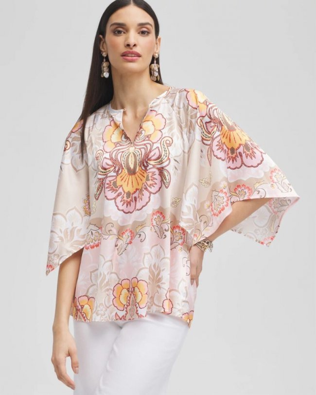Chicos Satin Floral Keyhole Neck Blouse - PORCELAIN ROSE