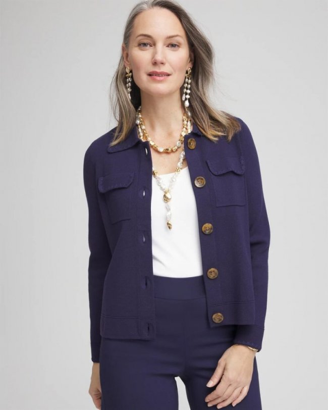 Chicos Collared Button-Down Cardigan - PASSPORT BLUE