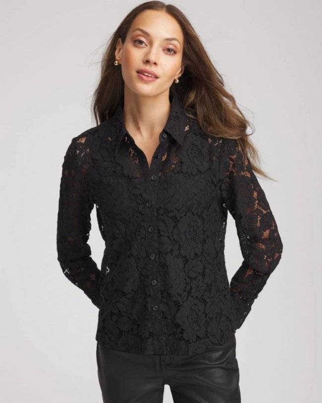 Chicos Classic-Fit Collared Lace Shirt - BLACK