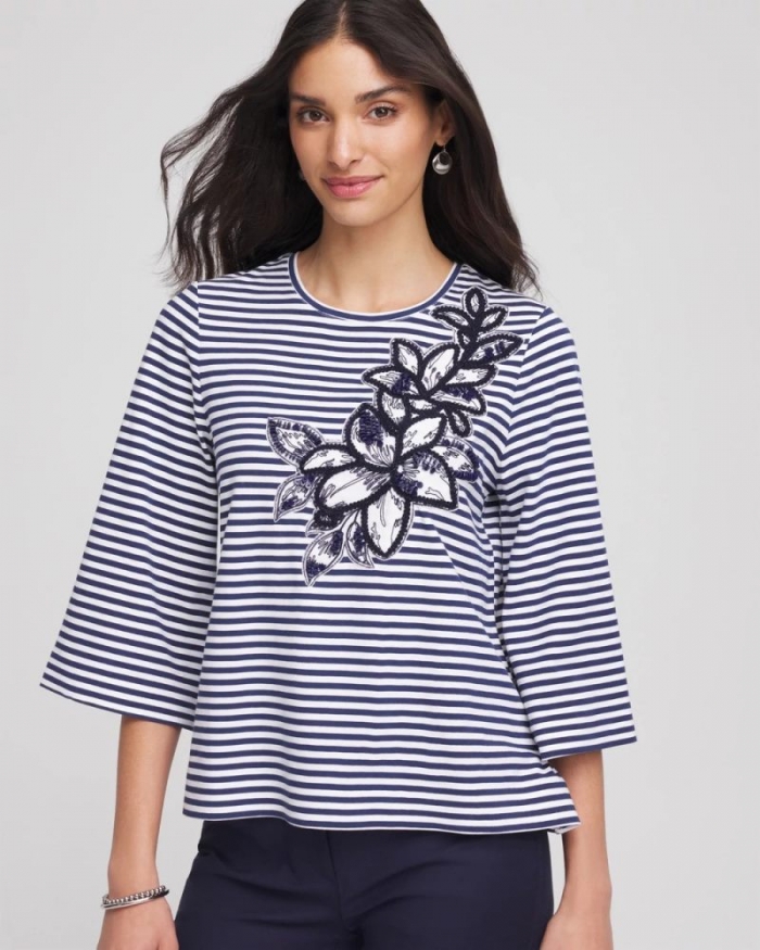 Chicos Floral Embroidered Tee - PASSPORT BLUE