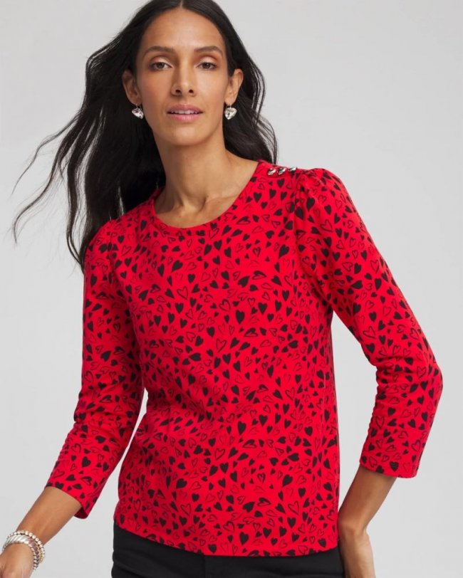 Chicos Lover Girl Button Heart Tee - LOVE LETTER RED