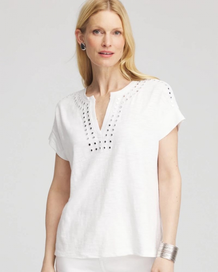 Chicos Paillette Trim Cotton Slub Tee - ALABASTER