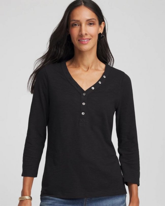 Chicos Slub Splitneck Button Tee - BLACK