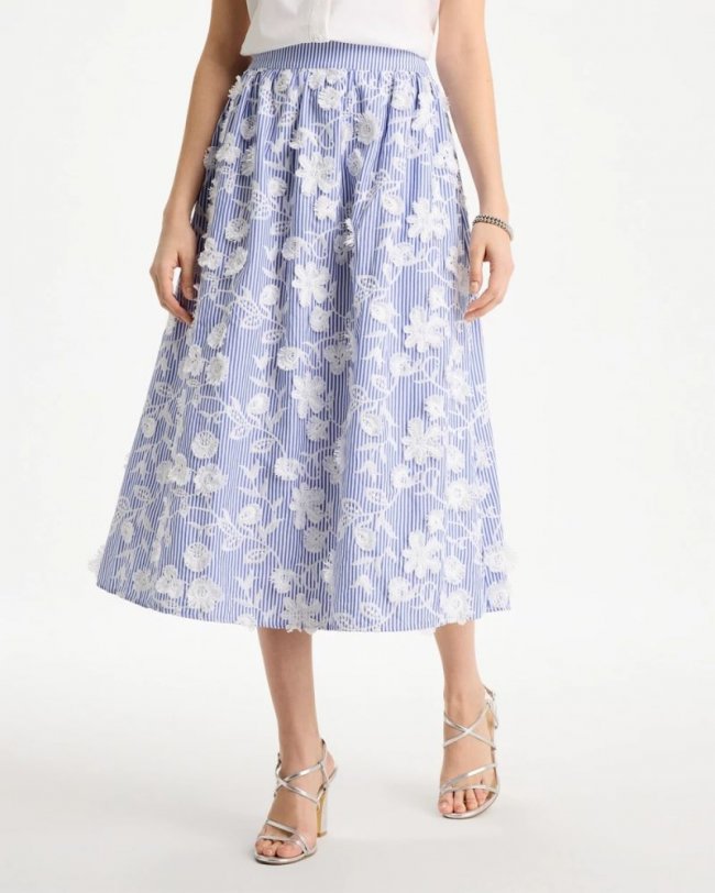 Chicos Cotton Embroidered Floral Skirt - ALABASTER