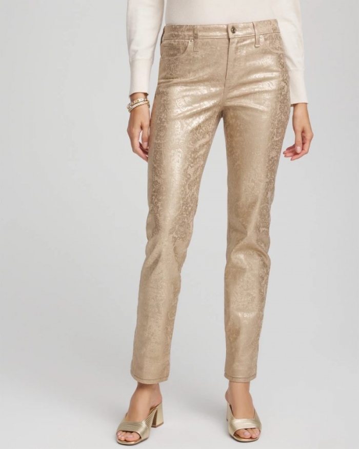 Chicos Girlfriend Slim Ankle Foiled Lace Jeans - CHAMPAGNE FIZZ