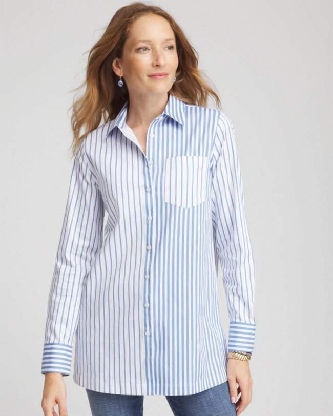 Chicos No Iron Stripe Mix Tunic - TIDAL BLUE