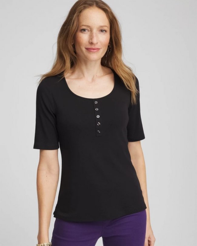 Chicos Pima Cotton Henley Tee - BLACK