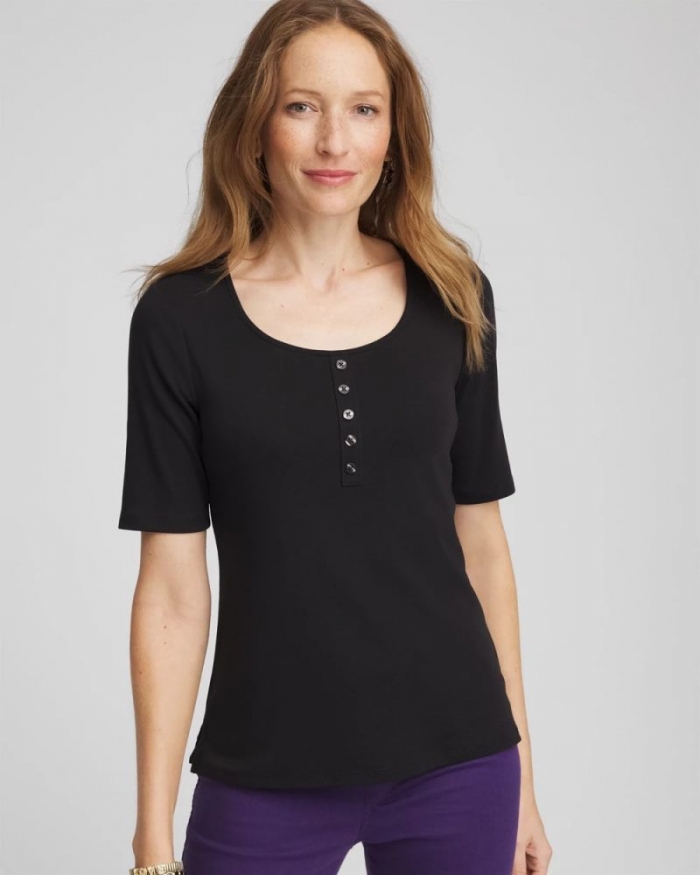 Chicos Pima Cotton Henley Tee - BLACK
