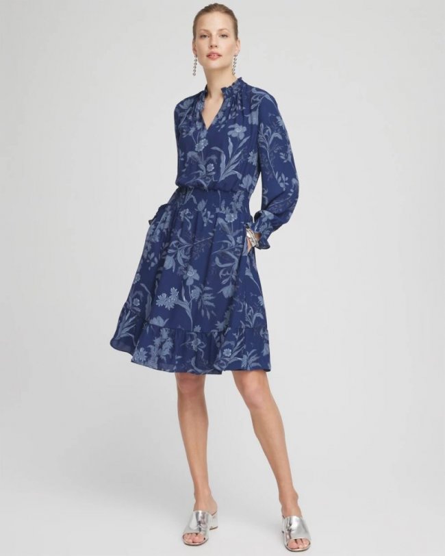 Chicos Floral Smocked Waist Ruffle Dress - DARK HARBOR