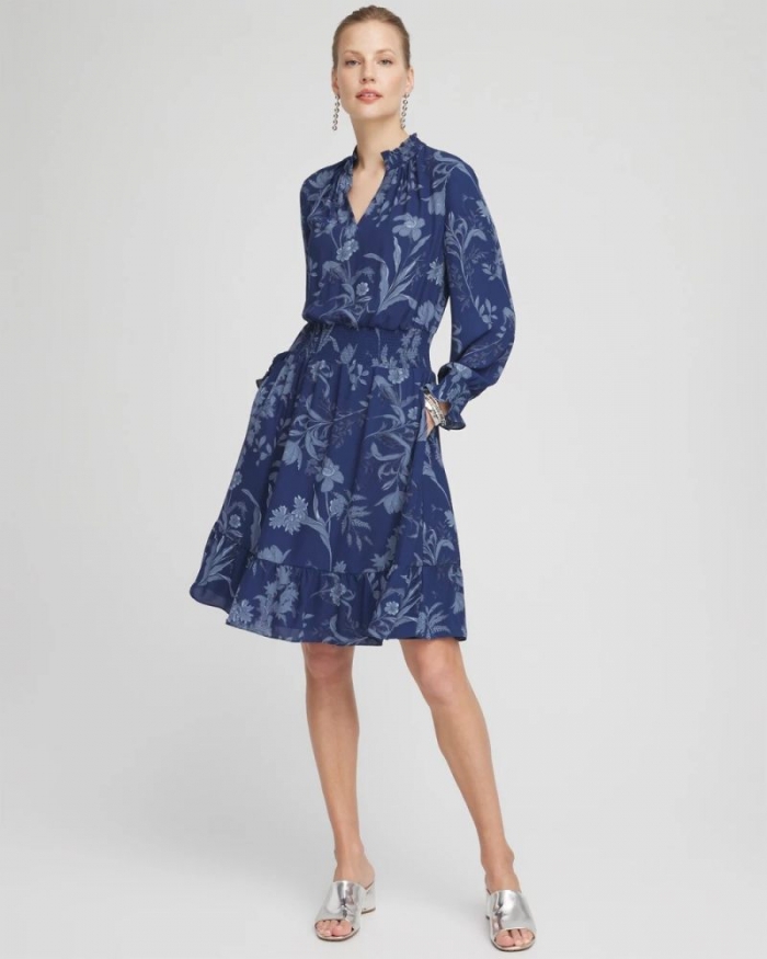 Chicos Floral Smocked Waist Ruffle Dress - DARK HARBOR