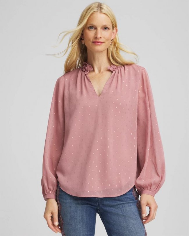 Chicos Ruffleneck Lined Georgette Blouse - DUSTY ROSE