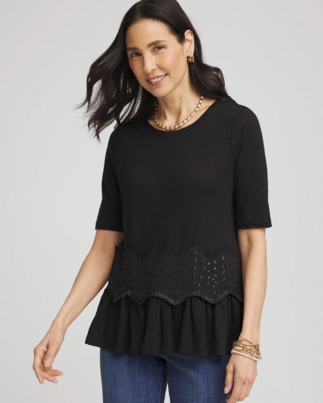 Chicos Chevron Sequin Peplum Linen Tee - BLACK