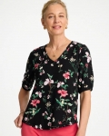 Chicos Kyoto Shirred Elbow Sleeve Tee - BLACK