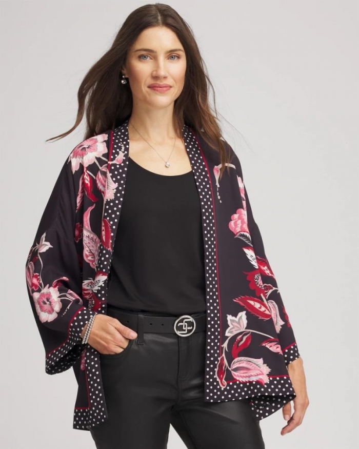 Chicos Short Floral Kimono - BLACK