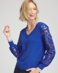 Chicos Woven Lace V-Neck Pullover Sweater - COBALT STONE Chicos Woven Lace V-Neck Pullover Sweater - COBALT STONE