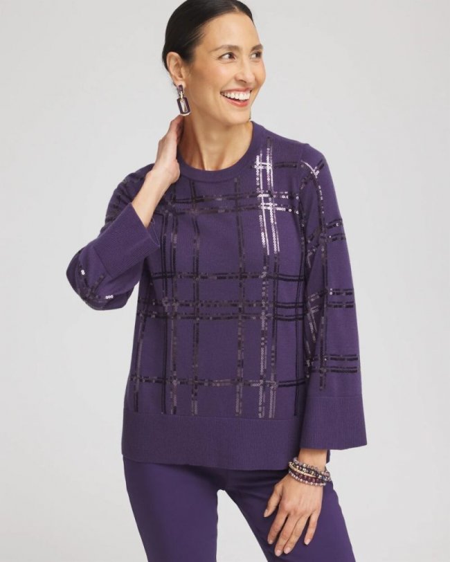 Chicos Sequin Plaid Long Sleeve Sweater - MIDNIGHT VIOLET