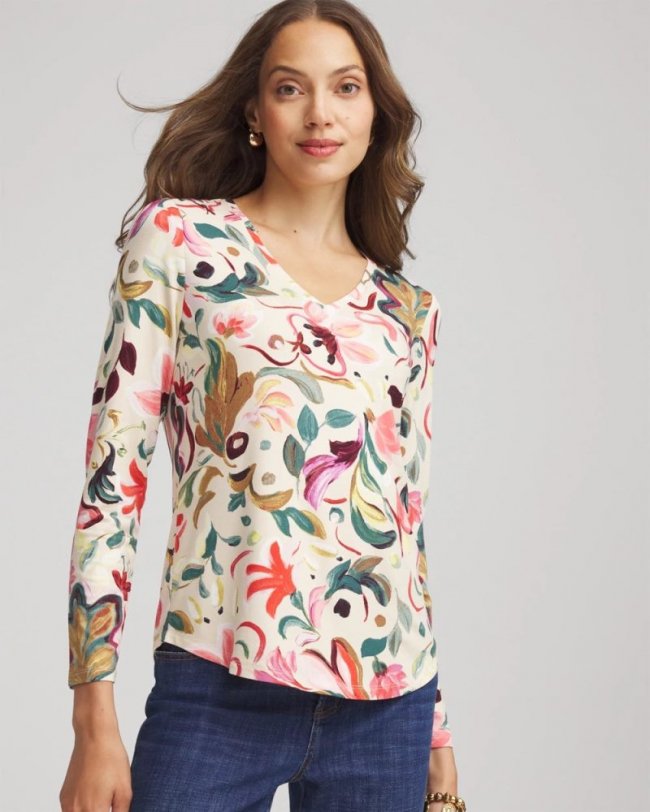 Chicos Floral Touch of Cool™ V-Neck Layering Tee - CASHEW