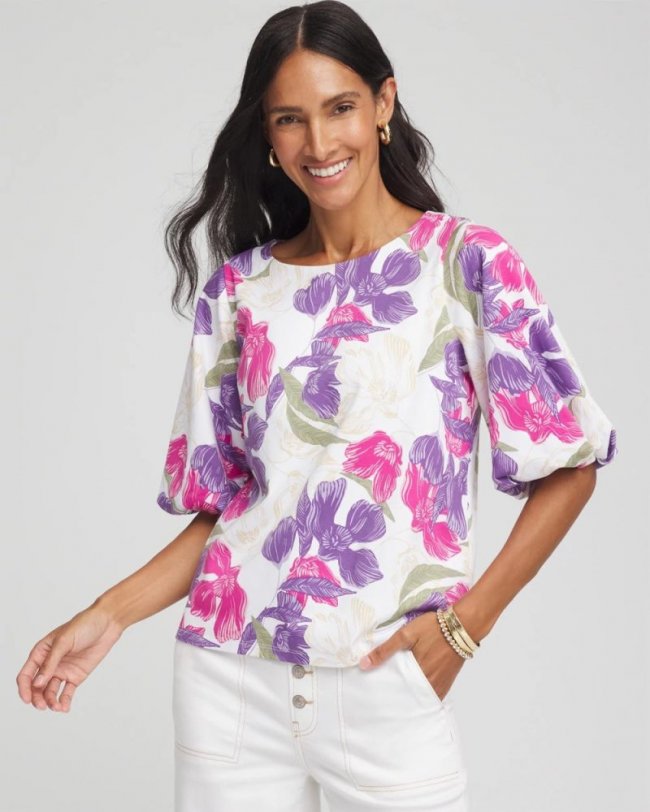 Chicos Floral Bubble Sleeve Top - ALABASTER