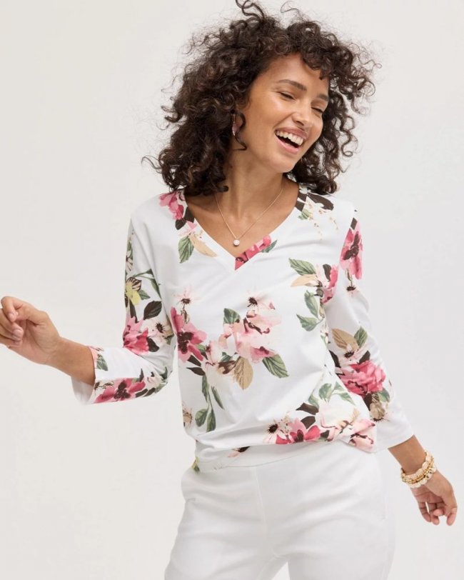Chicos Printed Cotton Stretch 3/4 Sleeve Tee - HOT HONEYSUCKLE