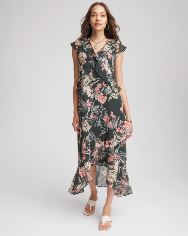 Chicos Floral Ruffle-Trim Chiffon Dress - DARKEST SPRUCE