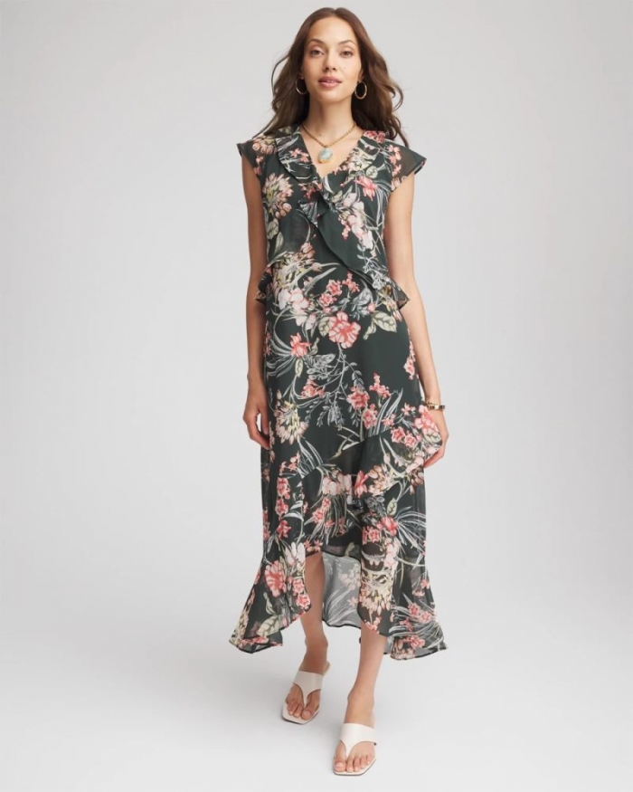 Chicos Floral Ruffle-Trim Chiffon Dress - DARKEST SPRUCE