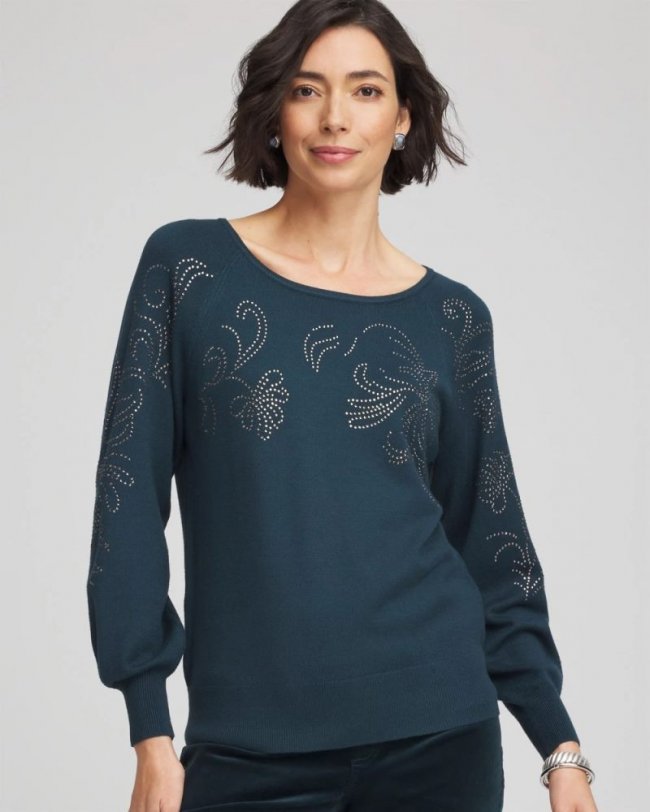 Chicos Heatset Embroidered Pullover - TEAL SHADOW