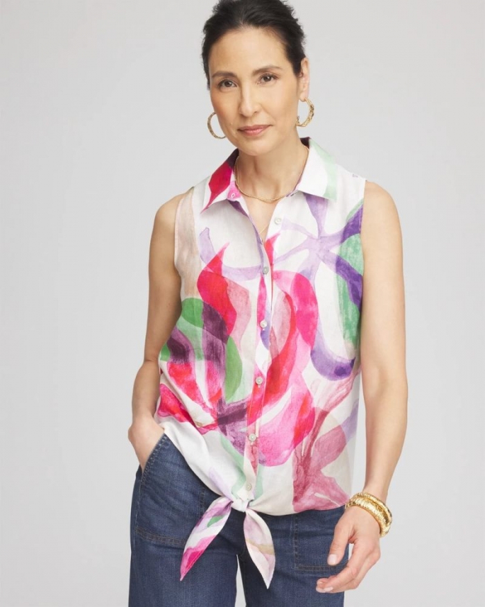 Chicos No Iron Bloom Linen Tie-Front Shirt - CRUSHED BERRIES