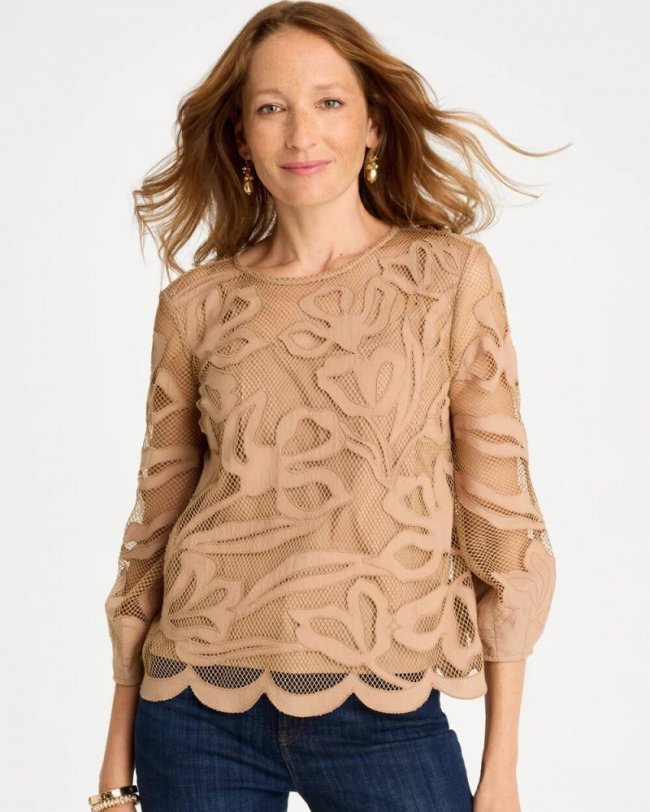 Chicos Floral-Motif Mesh 3/4 Sleeve Top - CATTAIL BROWN