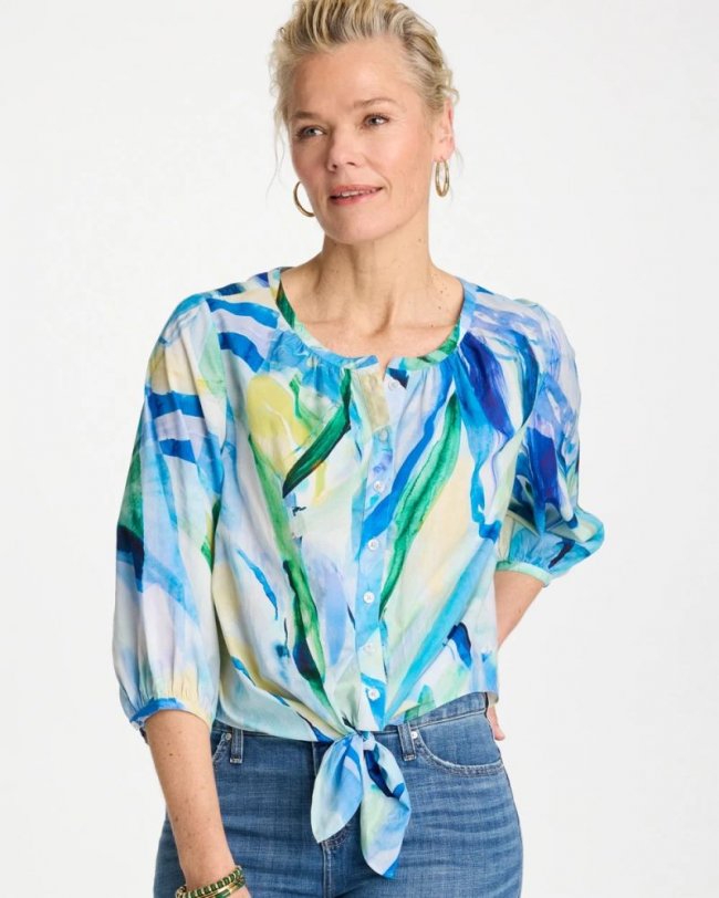 Chicos Printed Tie-Front Top - AMPARO BLUE