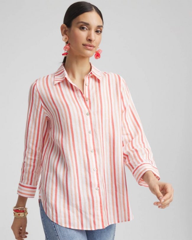 Chicos No Iron Striped Linen Shirt - CORAL BLOSSOM
