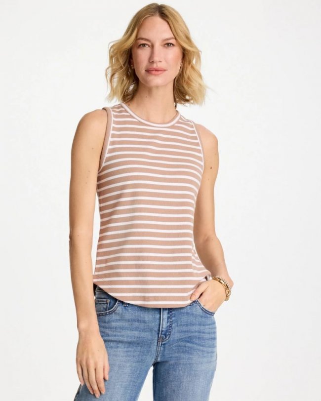 Chicos Striped High Neck Rib Tank - CATTAIL BROWN