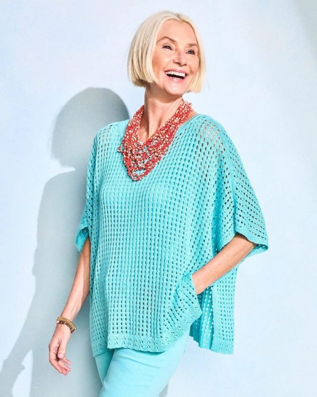 Chicos Open-Stitch Sweater Poncho - BONDI BLUE