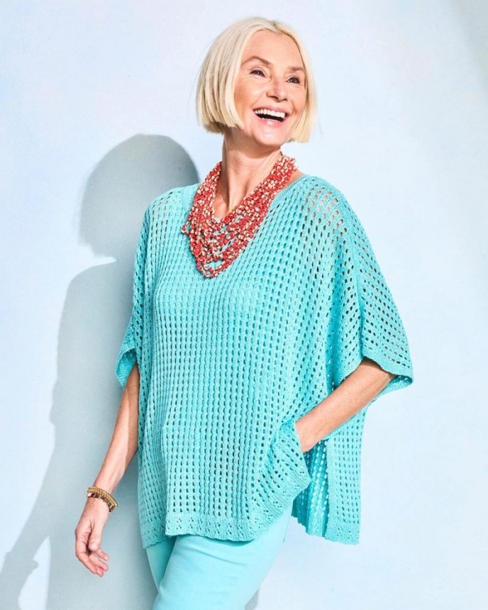 Chicos Open-Stitch Sweater Poncho - BONDI BLUE