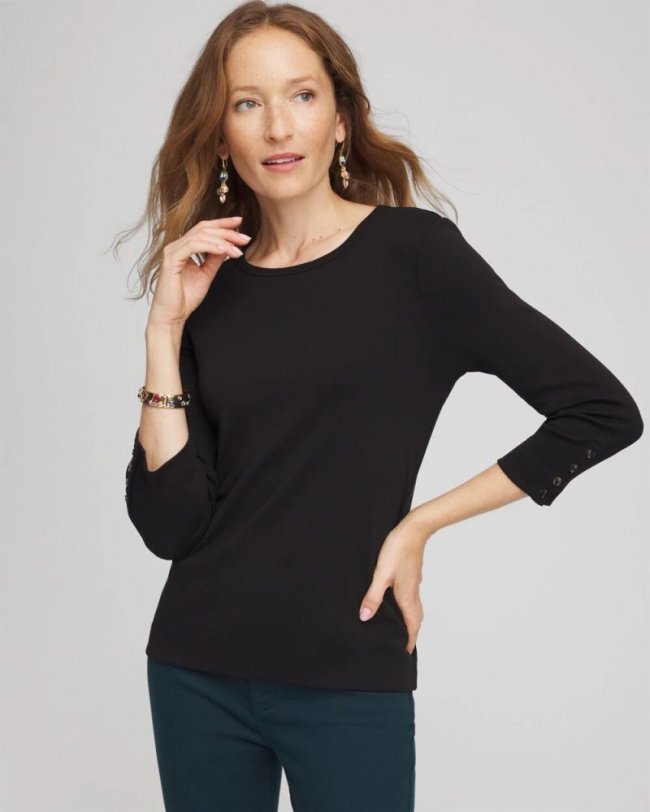 Chicos Pima Cotton Crewneck Button Tee - BLACK