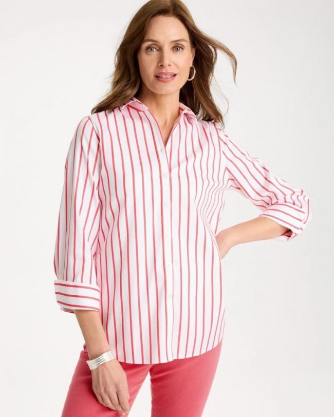 Chicos No Iron Stretch Striped Shirt - CALYPSO CORAL