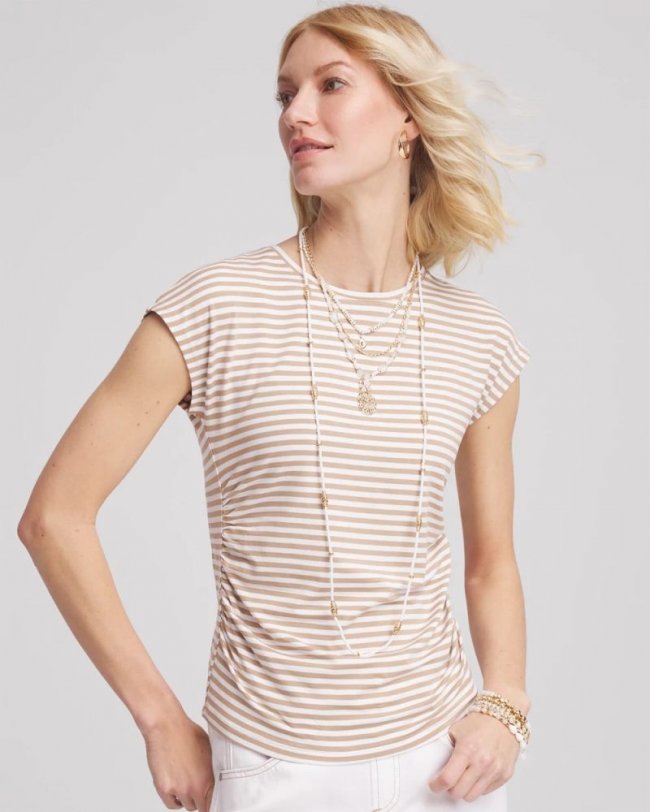 Chicos Neutral Striped Cap Sleeve Dolman Tee - CAFE AROMA