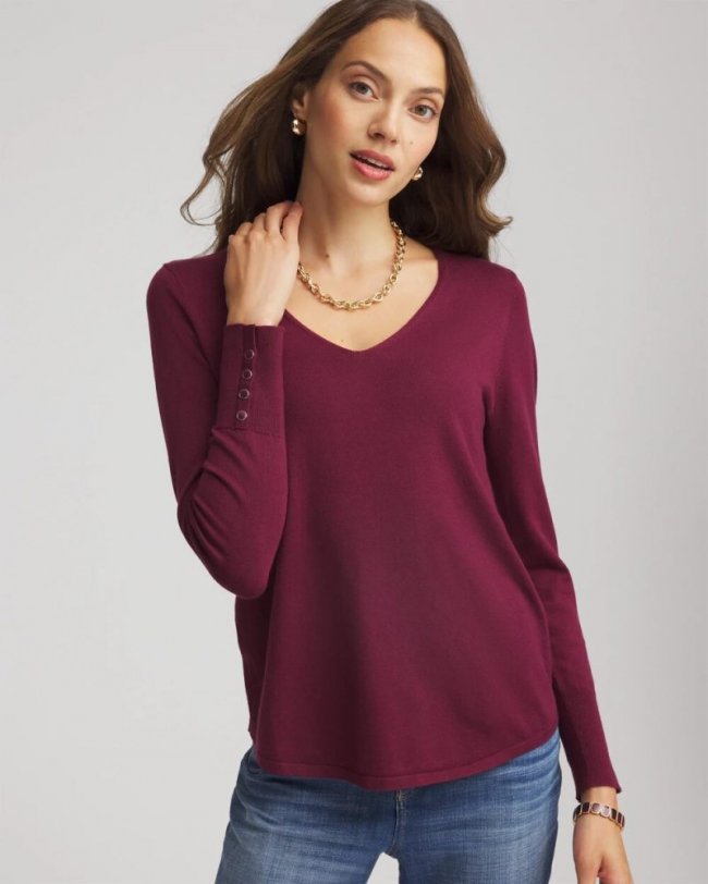 Chicos Ella V-Neck Pullover Sweater - DEEP CHIANTI