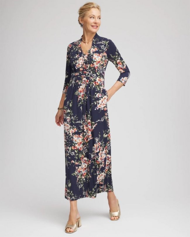 Chicos Knit Pleated Maxi Dress - PASSPORT BLUE
