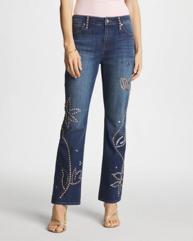 Chicos Embellished Girlfriend Cropped Flared Jeans - SPELLBOUND INDIGO