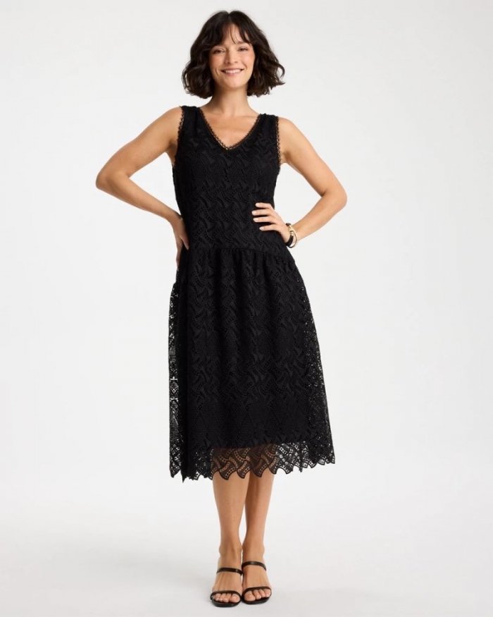Chicos Knit Embroidered Lace Sleeveless Dress - BLACK