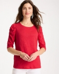 Chicos Linen Ruched Sleeve Tee - CHERRY LUSH
