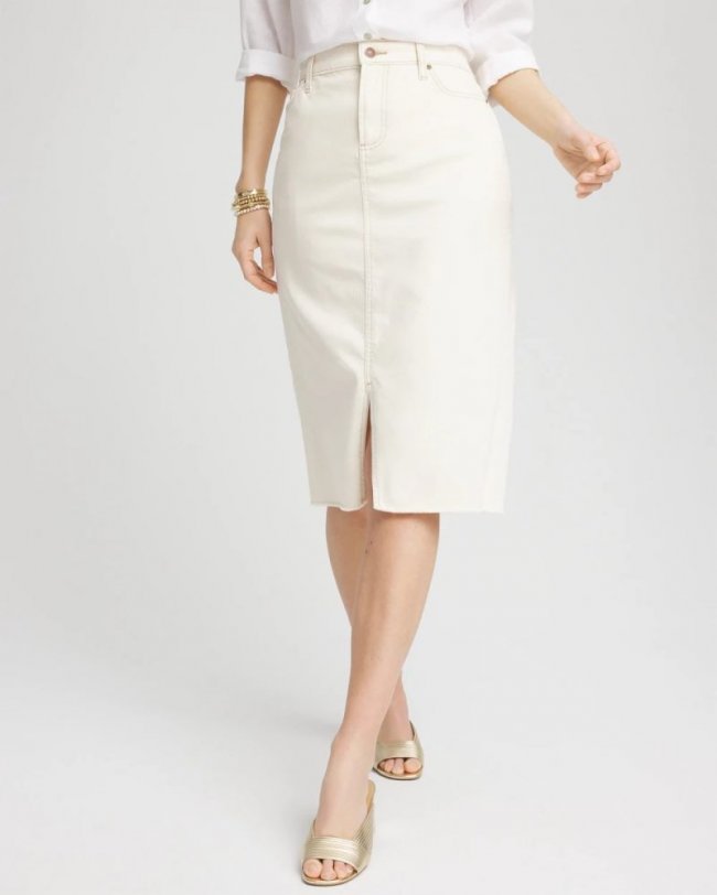 Chicos Frayed High-Rise Midi Stretch Denim Skirt - SEA SALT
