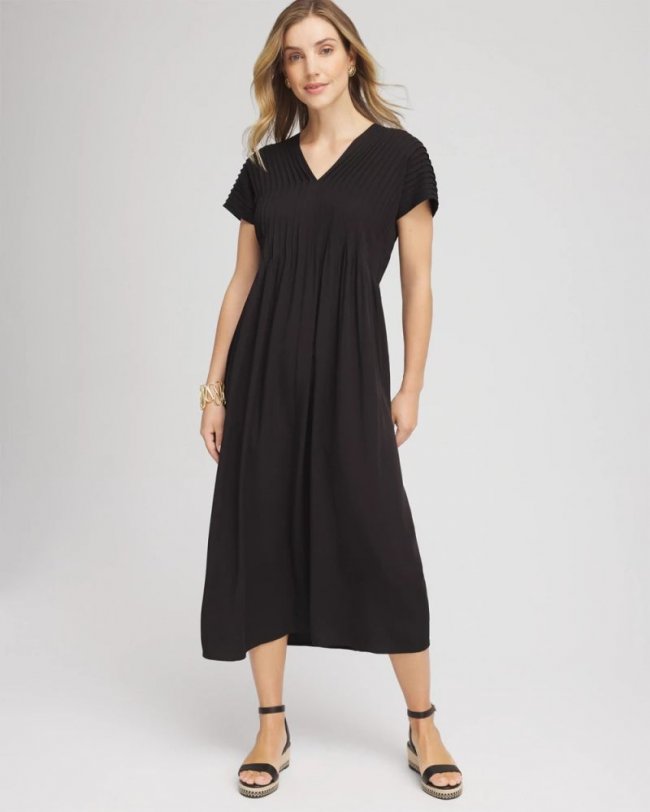 Chicos Silk-Twill Popover Midi Dress - BLACK