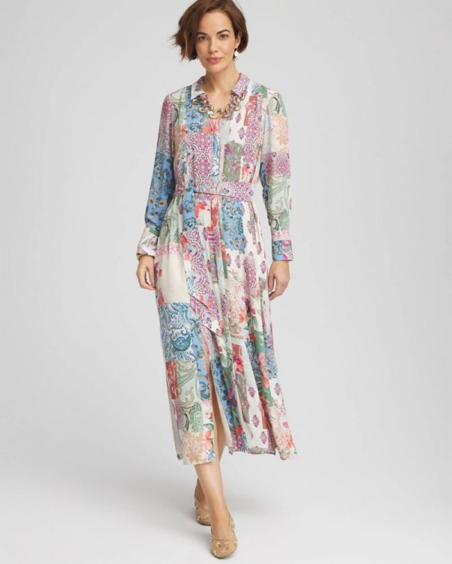 Chicos Belted Paisley Patch Maxi Shirtdress - MINERAL GREEN