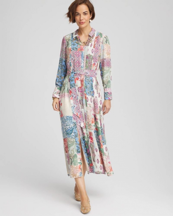 Chicos Belted Paisley Patch Maxi Shirtdress - MINERAL GREEN