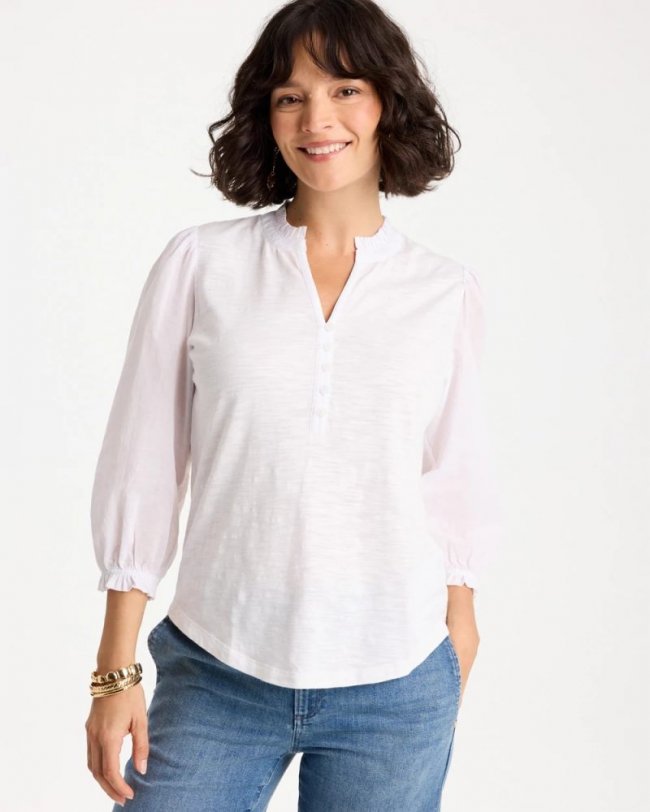 Chicos Ruffled V-Neck 3/4 Sleeve Top - ALABASTER