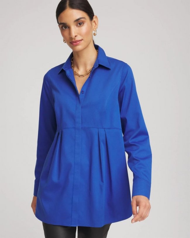 Chicos No Iron Peplum Pleated Shirt - COBALT STONE